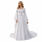 White Elvish Wedding Dress - Fantasy Gown, Medieval Renaissance Dress, Bell Sleeve Corset Back