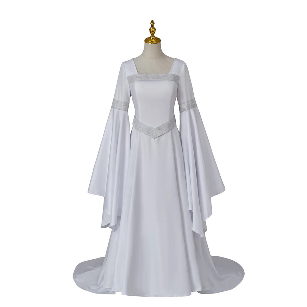 White Elvish Wedding Dress - Fantasy Gown, Medieval Renaissance Dress, Bell Sleeve Corset Back