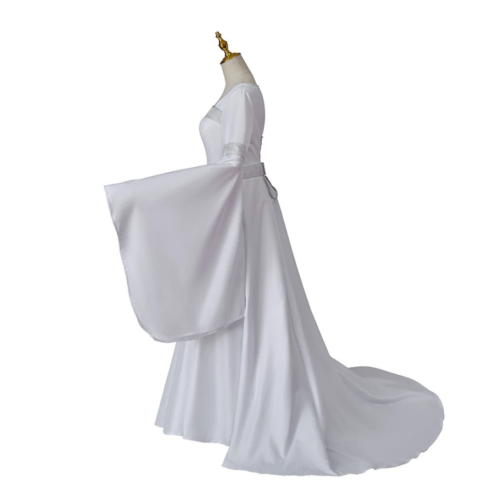 White Elvish Wedding Dress - Fantasy Gown, Medieval Renaissance Dress, Bell Sleeve Corset Back